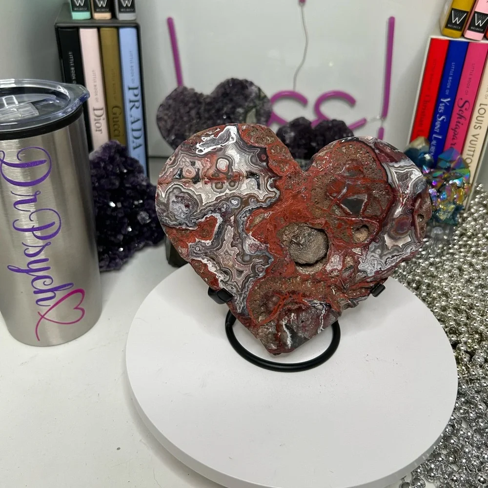 Red Mexican Lace Agate Heart w/holder - MXREDLCEAGTHRT-002 Approx 6.50” width - Picture 5 of 11